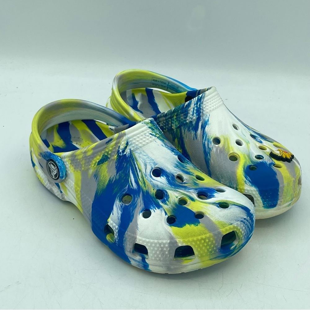 CROCS Classic Clog Youth Size C 12 Marbled Tie Dye Blue Yellow + Super Sonic - Picture 1 of 12